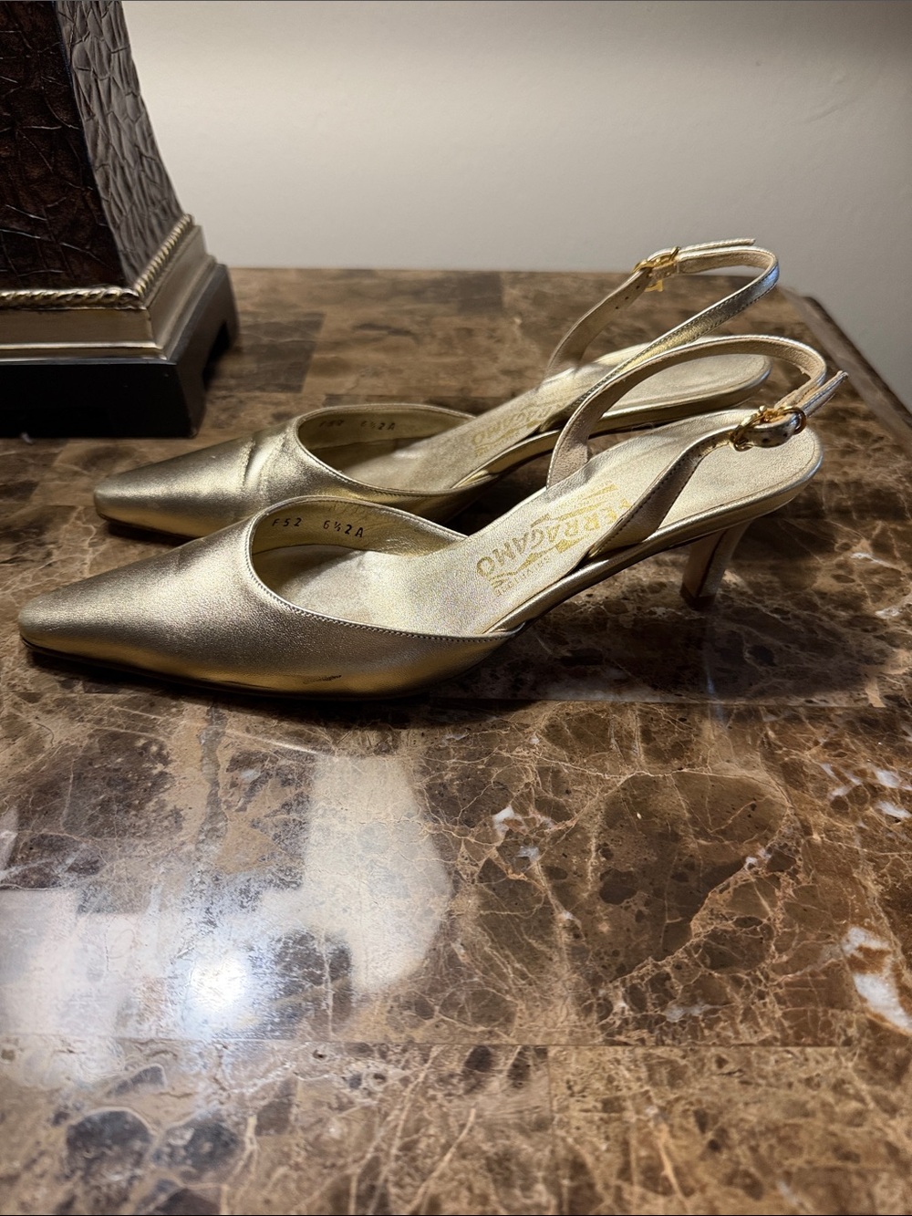 Salvatore Ferragamo Metallic Gold Pointed-Toe Slingback Heels